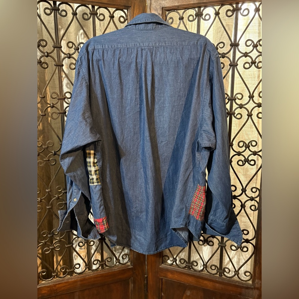 Vintage Patchwork Plaid Denim Button-Down Shirt -… - image 4